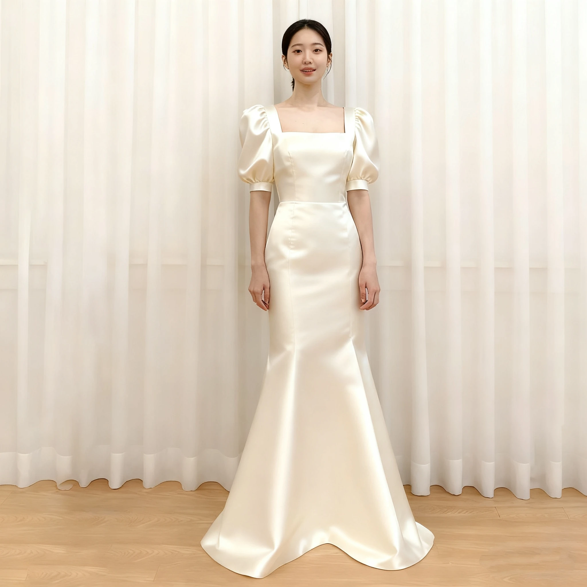 تخصيص صنع لتدابير فساتين الزفاف الكورية التقطت الصور ألف خط ثوب زفاف بسيط نفخة الأكمام فساتين التقاط الصور مخصص #1