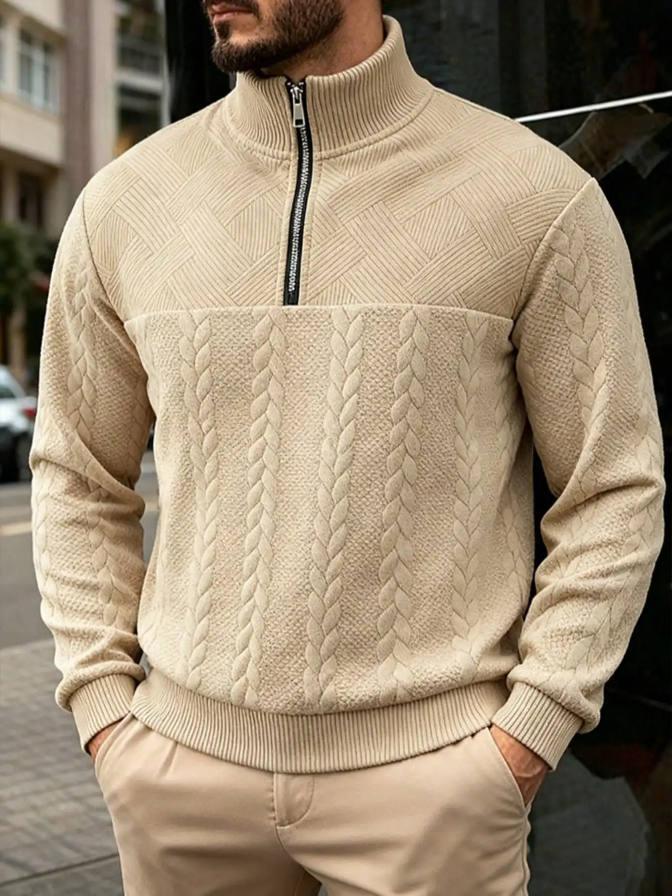 

Мужской бежевый вязаный свитер на молнии до середины груди с узором «косы» и «ромб»