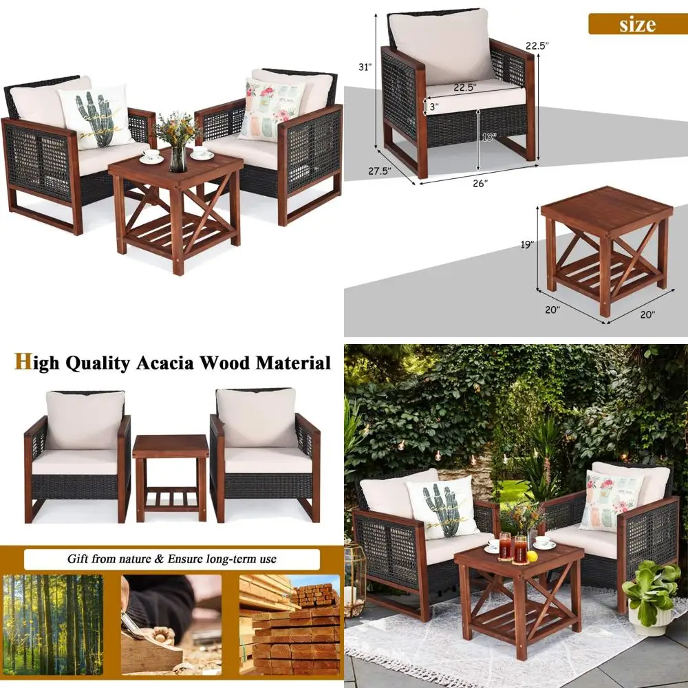 Patio Rattan Furniture Set with Washable Cushions and Acacia Wood Coffee Table for Outdoor Conversations