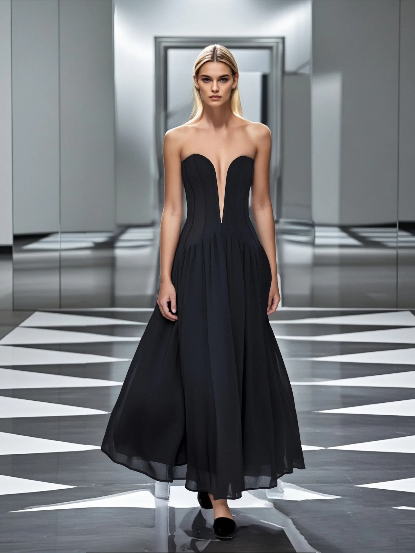

2025 Women Celebrity Sexy Strapless Deep V Neck High Split Black Maxi Long Bandage Dress Evening Stage Performance Dress Vestido