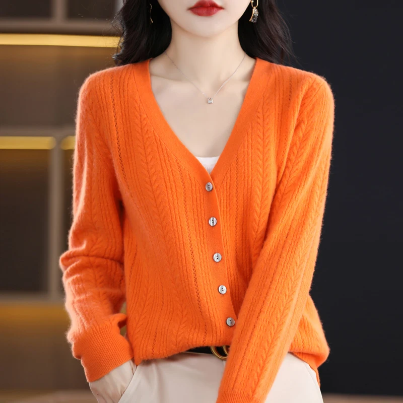 100% Merino Wool V-neck cardigan women\'s new Autumn and Winter Jacquard Sweater Temperament Fashion Knitwear Women\'s Jacket