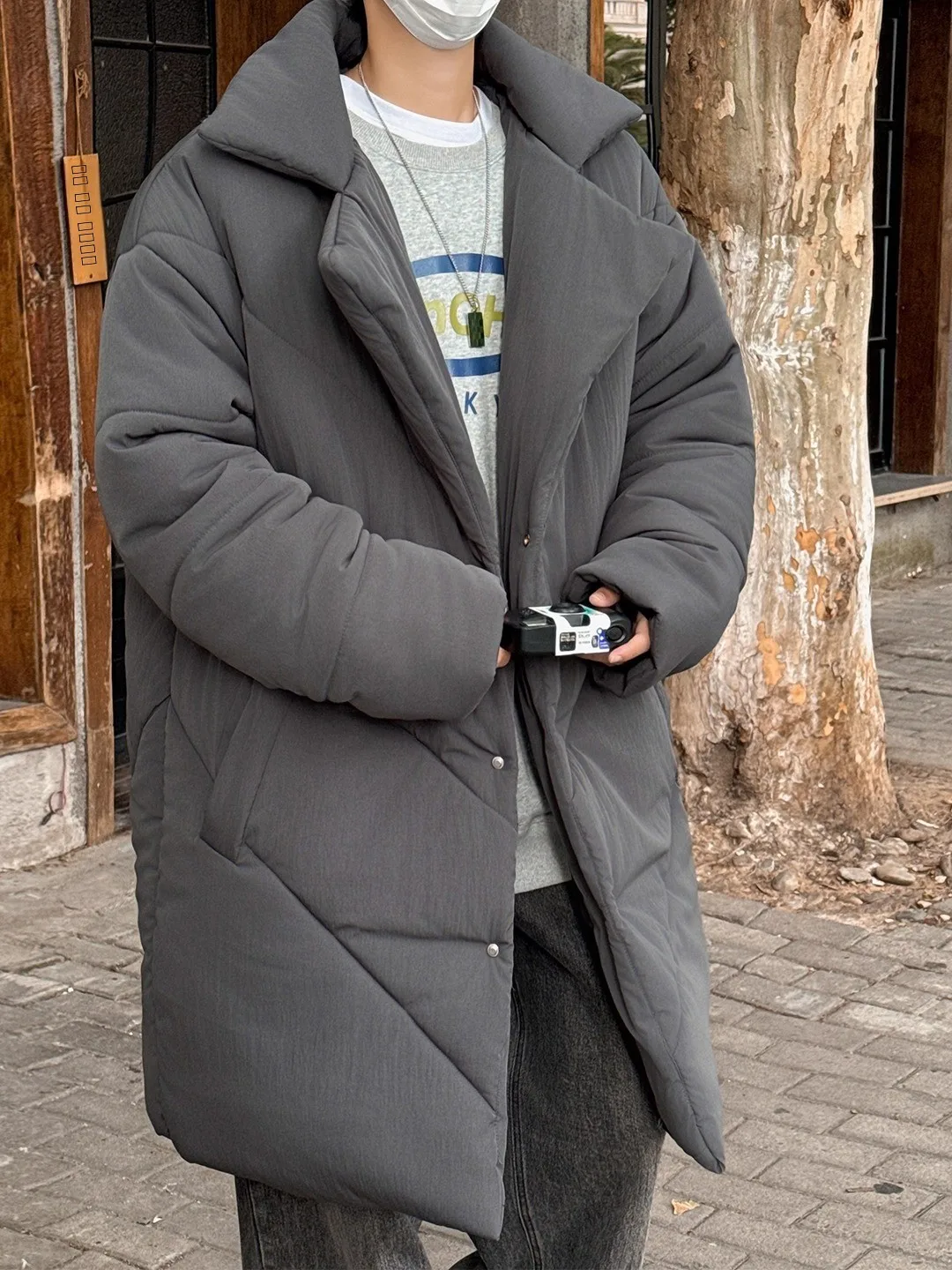 

Men's plus Size Cotton Jaet Long Coat Sle Warmth Comfortable Loose Fit Pure Color Winter Faion Brand PVE Button Detail