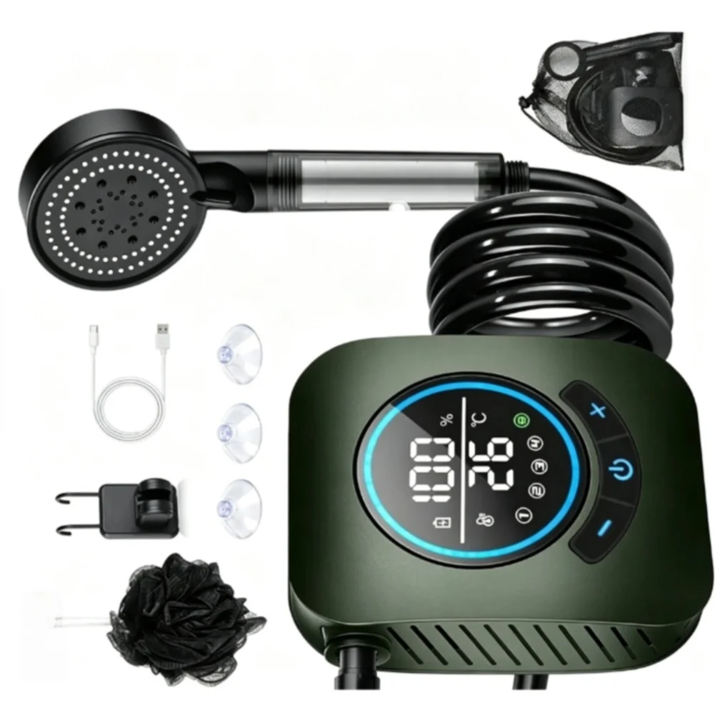 Portable Electric Shower Sprayer 8000mAh Battery 5 Water Flow Modes LED Screen Real-time & Power Readout ABS Body