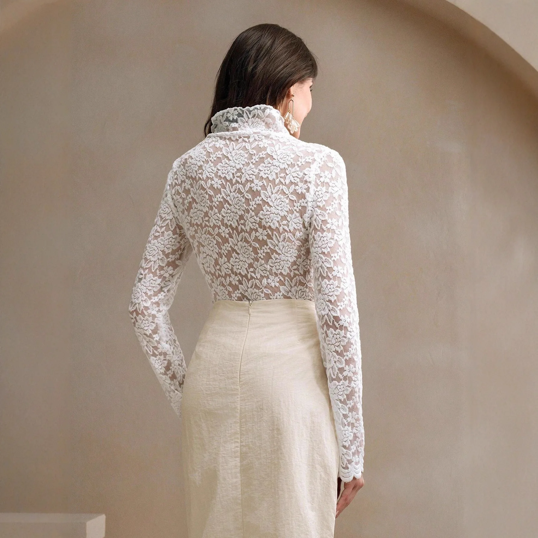 Women Floral Lace Long Sleeve T Shirt Scallop High Neck Sheer See Through Slim Fit Elegant Layering White Casual Tee Top