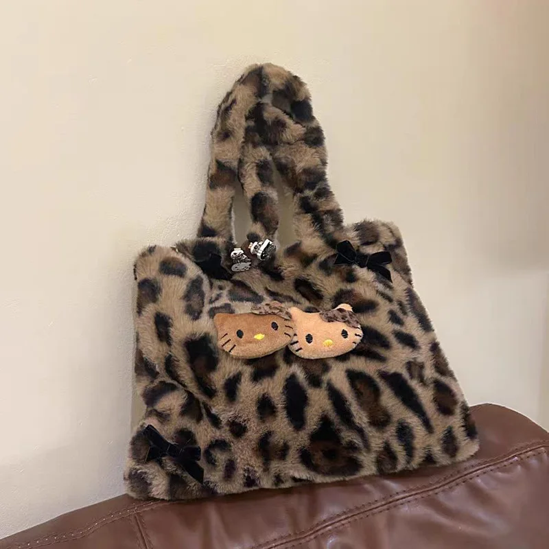 Torba na ramię Hello Kitty Cartoon Leopard, pluszowa, urocza, praktyczna, codzienna, przenośna, lekka.