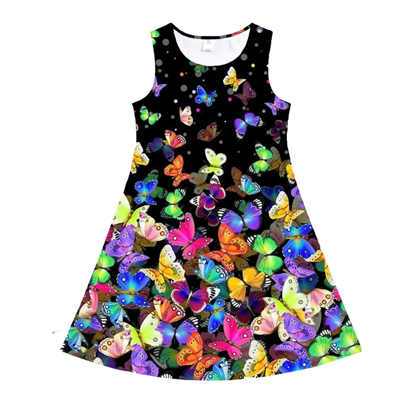 Summer Girls Dresses 2 to 8 Years 2024 Kids Clothes Casual Sleeveless O-neck Butterfly 3D Print Princess Dress For Girls