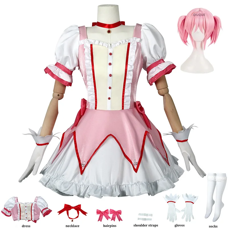 

Kaname Madoka Cosplay Puella Magi Madoka Magica Cosplay Costume Wig Women Pink Short Ball Dress Necklace Hairpins Set Outfits