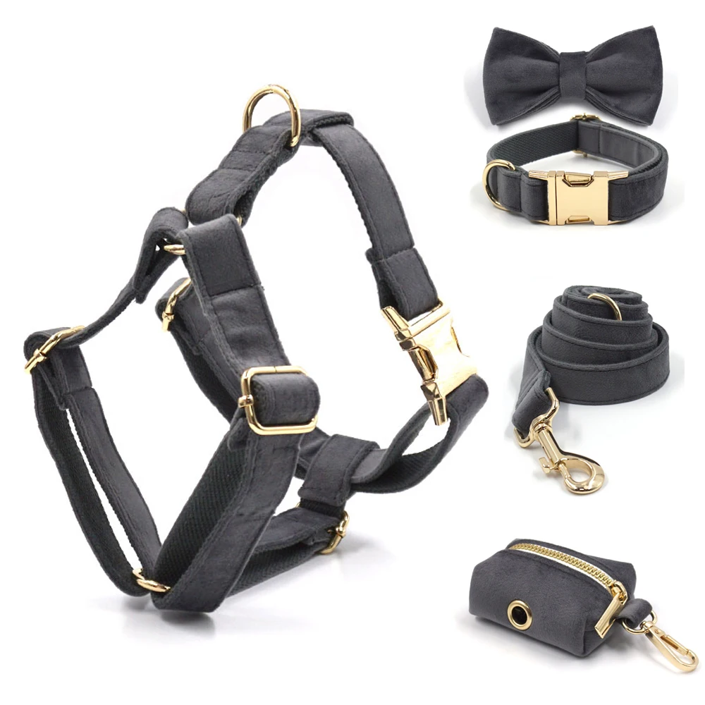 Dark Grey Velvet Personalized Harness for Dogs Boy Gold Metal Buckles Luxury Dog Collar and Leash Set with Poop Bag Puppy Vest