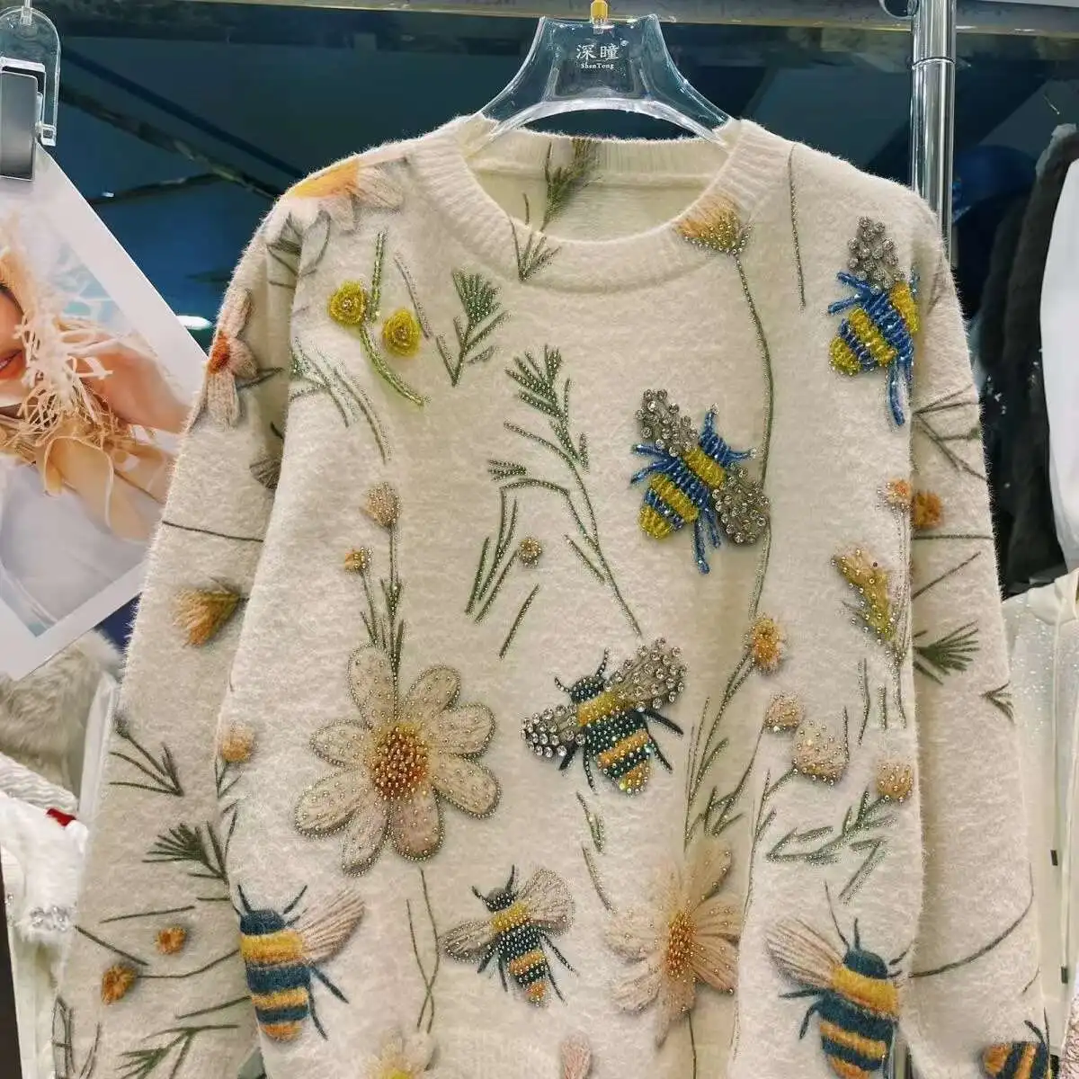 الاتجاه الجديد الصناعة الثقيلة ضياء Y2K سترة للنساء الخريف الشتاء فضفاضة عادية الجولة الرقبة بلوفر مغزول لاعبا #3