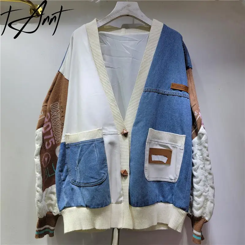 GetSpring Women Denim Jacket 2024 Autumn Color Matching Knitted Stitching Loose Casual Denim Coat Fashion All Match Jean Tops