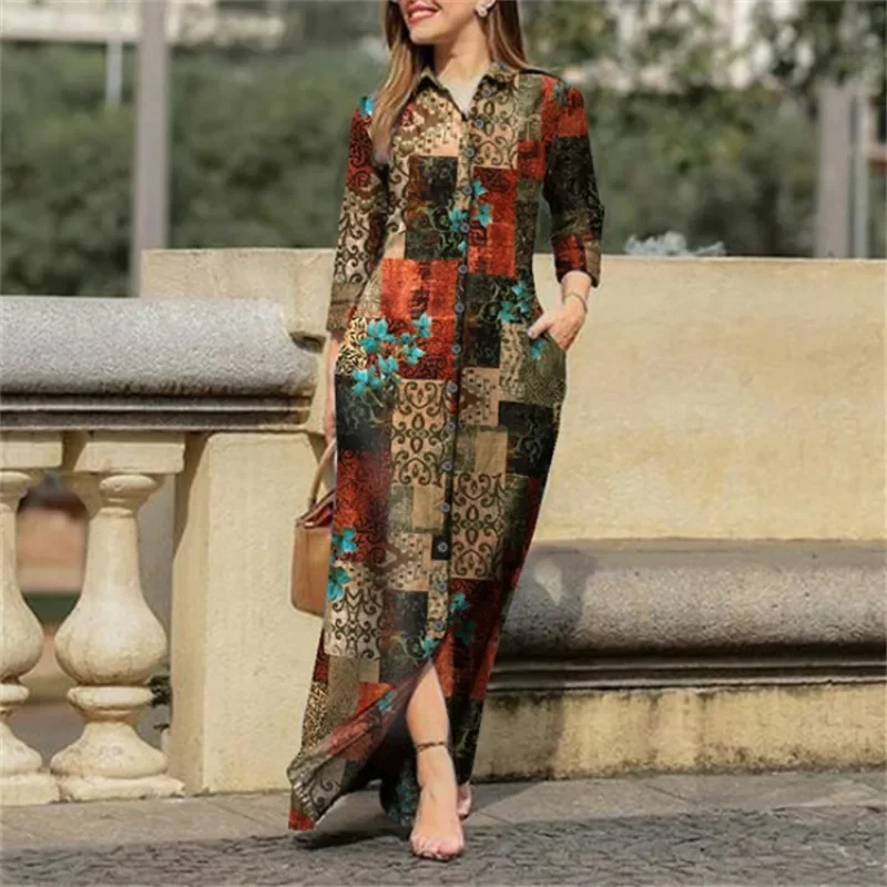 Women's Casual Patchwork Printed Loose Long Dress with Long Sleeves Lapel Buttons Fashion Party Ankle-Length Dresses