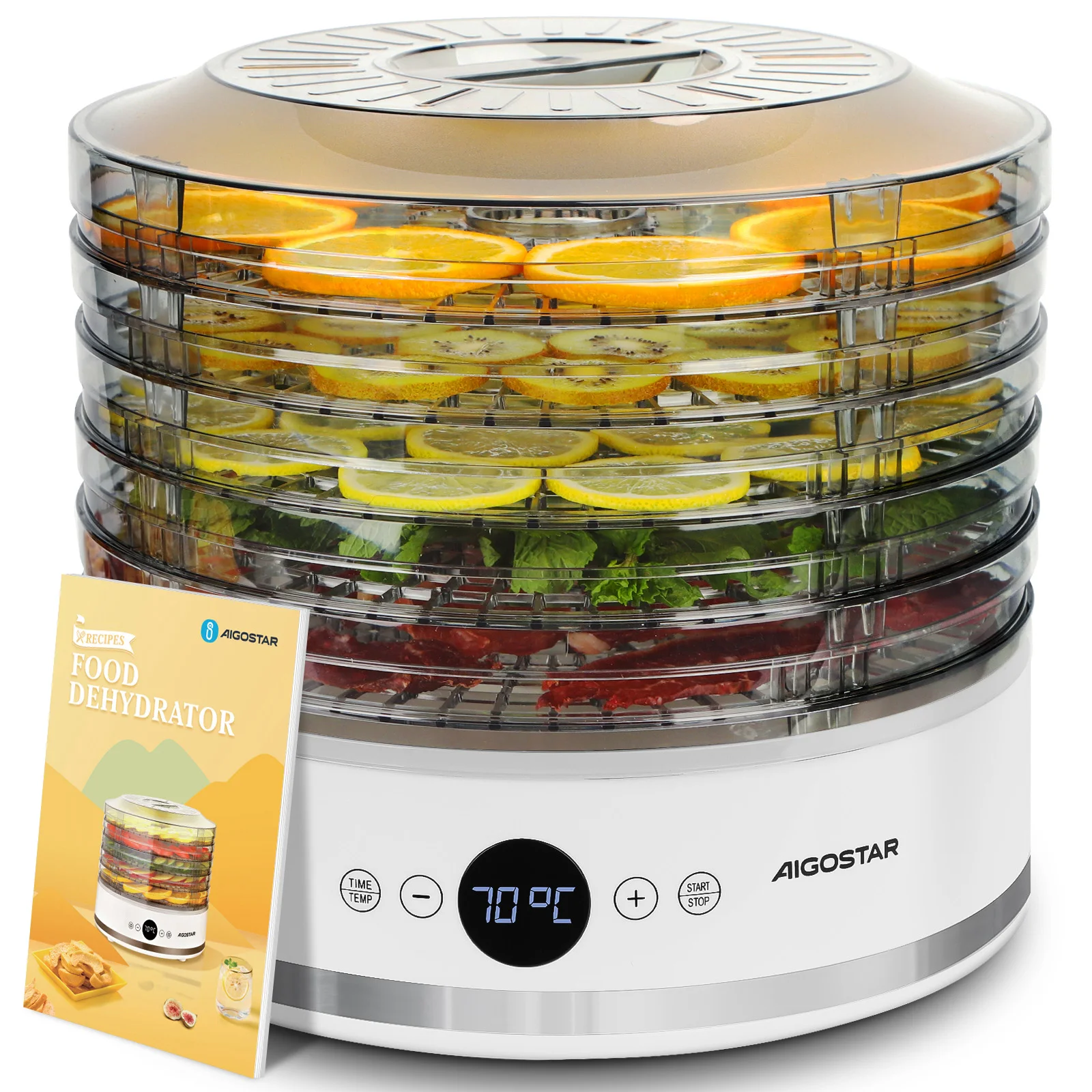 Aigostar Dörrautomat, LED-Anzeige, 5 höhenverstellbaren Tabletts, Dörrgerät mit "FAN"-Modus & einstellbarer Temperatur 35-70°C, 48h-Timer, leiser Betrieb, 380W, BPA-frei, Rezeptbuch inklusive