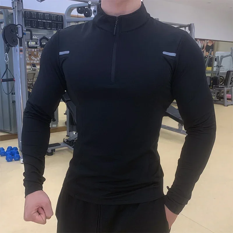 Tight Body Coat Men Autumn Winter Breathable Stretching T-shirt Sports Running Training Long-sleeved Semi-zipper Fitness Suit