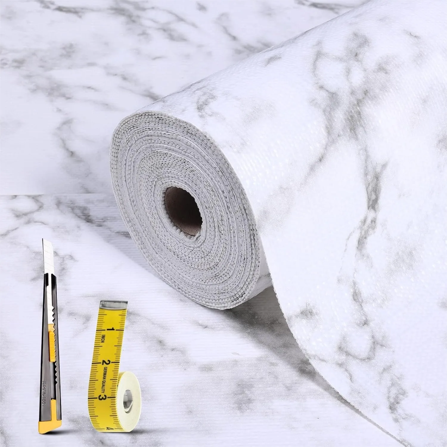 

Non Slip Drawer and Shelf Liner 17in x 30ft White Marble Waterproof Kitchen Cabinet Liners with Knife Tape Measure