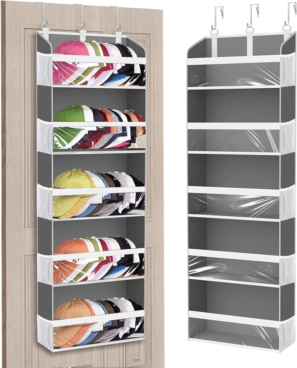 

Over the Door Hat Organizer for Baseball Caps, Hold up to 60 Hats Rack Storage for Door/Closet/Wall, Clear Pockets Hangi