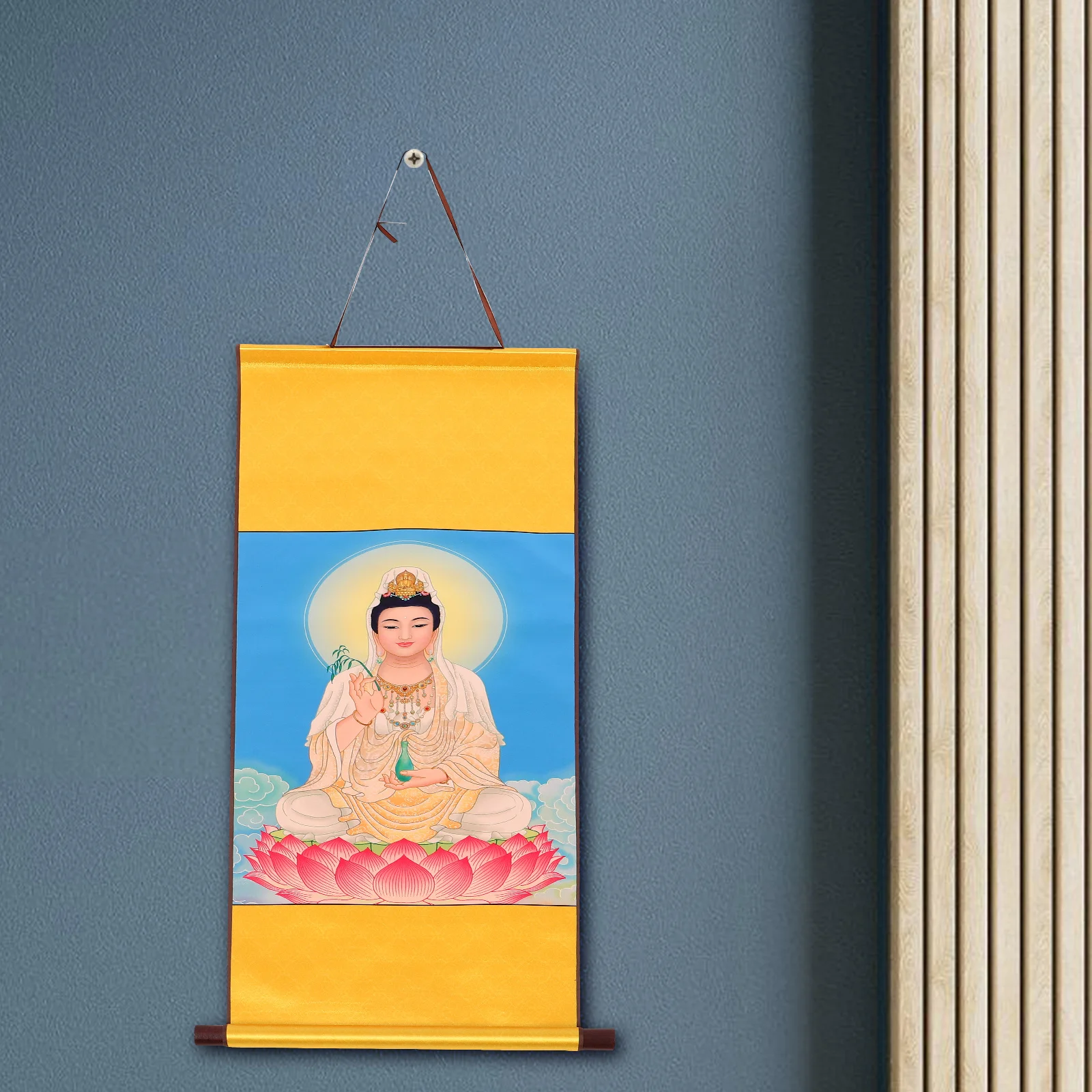 

Guanyin Buddha Statue Painting 30x80cm Decorative Arts Wall Hangings Religious Art Asian Scroll Home Worship Warm Tone