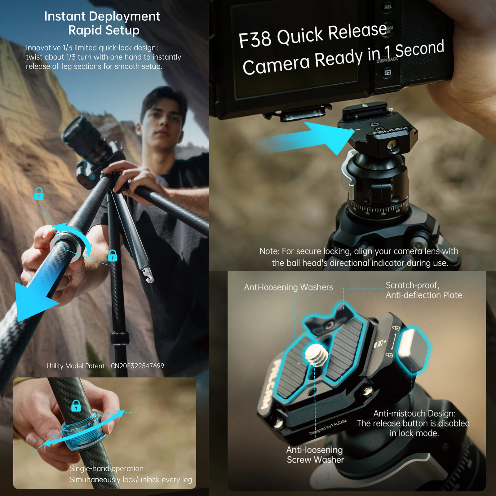 FALCAM TreeRoot F38 حامل ثلاثي القوائم للسفر من ألياف الكربون بقفل سريع مع سعة تحميل رأس كروي 3 كجم/6.6 رطل