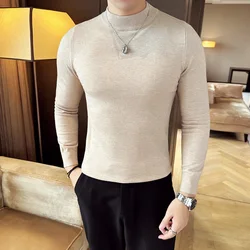 Autumn New Sweater Men's Half High Neck Basic Solid Color Casual Versatile Round Neck Knit with Slim Fit Elastic Sweater Inside
