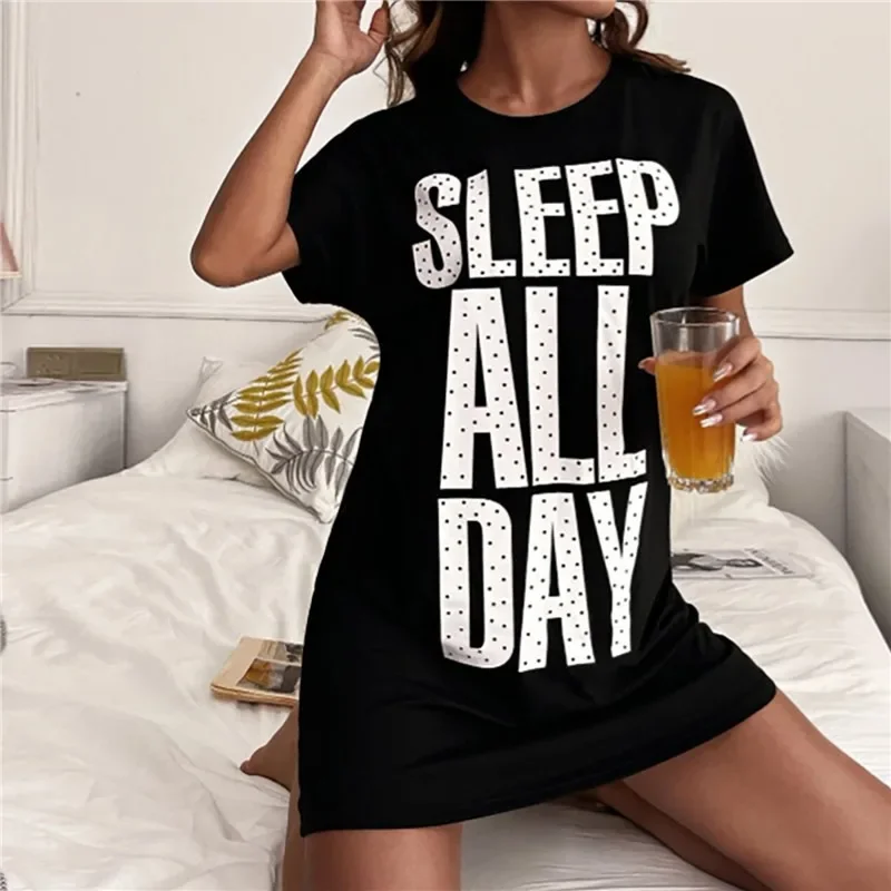 Summer Sexy Sleepwear Women Cotton Nightdress O-neck Short Sleeve Letter Nighties Nightgown Printed Nightwear Homewear