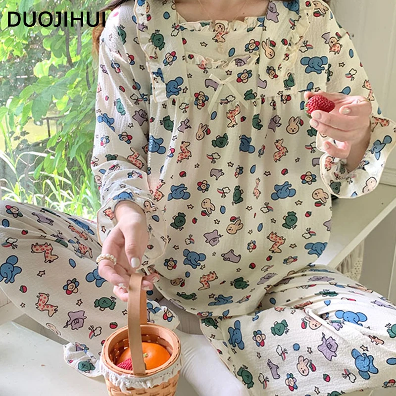 DUOJIHUI-Pijama con estampado Floral para mujer, conjunto de 2 piezas con volantes, lazo elegante, holgado, 8 colores, otoño