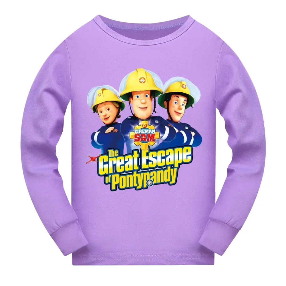 Cartoon Fireman Sam T Shirt Kids Casual Sleepwear Baby Boys Long Sleeve Tops Pants Set Toddler Girls Nightwear Children\'s Pyjama