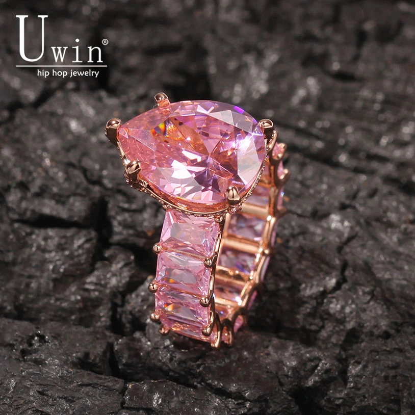 Uwin Big Water Drop Ring Baguetter CZ Pink Full Iced Out Ring Crystal Cubic Zirconia Luxury Women Accessories Jewelry