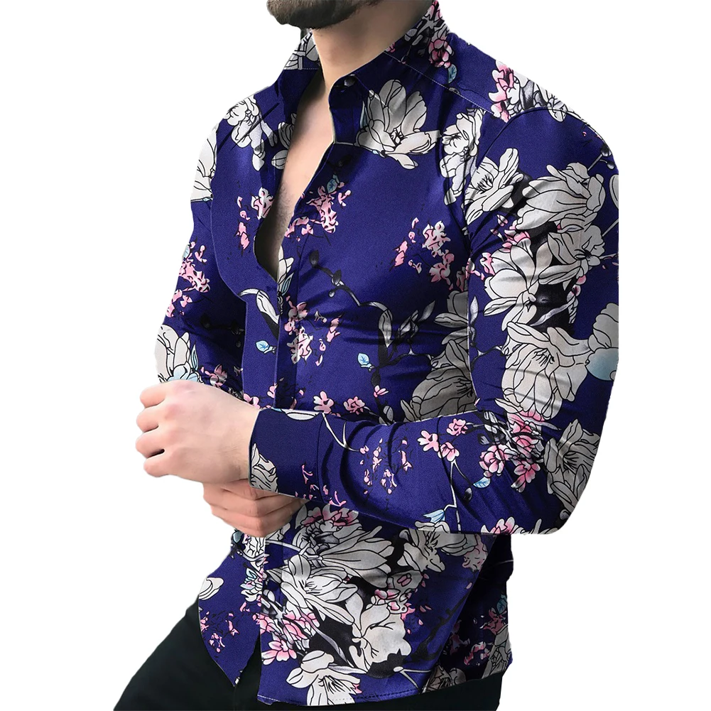 Mens Printed Long Sleeve Muscle Fitness Button Down Shirt Party Up Silky Dress Shirts