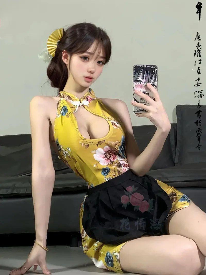 Floral Sexy puro deseo bordado estilo antiguo Cheongsam uniforme ropa de dormir vestido elegante tanque Mini vestido 2025 partes superiores nuevas AG56