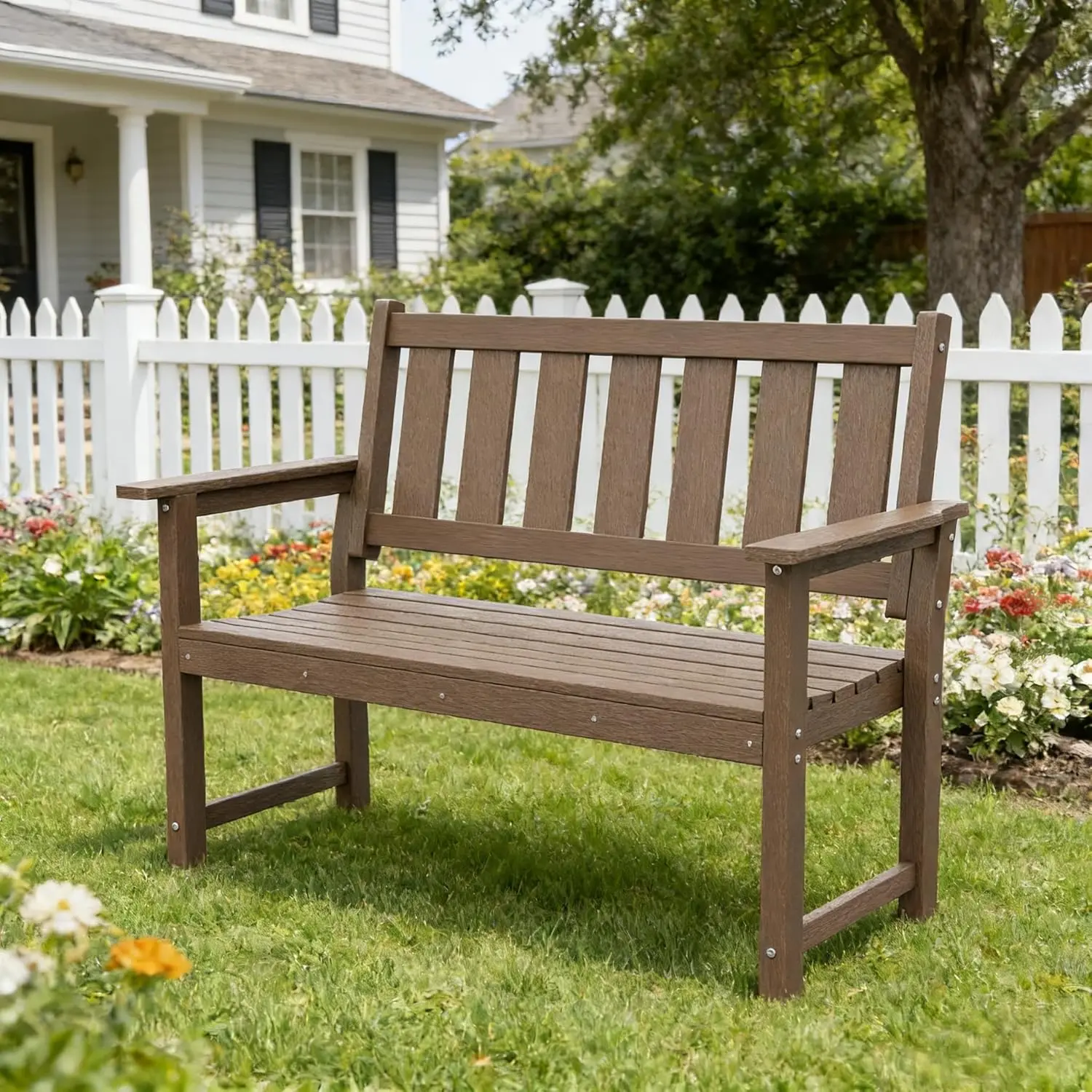 Brown HDPE Weatherproof Outdoor Bench for Porch, Patio, Church, etc., Durable and Multi-Purpose