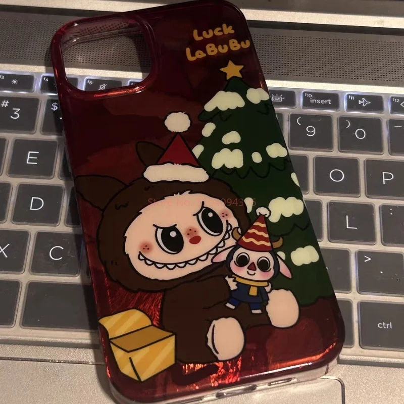 Natal dos desenhos animados labubu padrão caso de telefone para iphone 12 13 14 15 16 pro max pára-choques à prova de choque proteger capa acrílico caso presentes