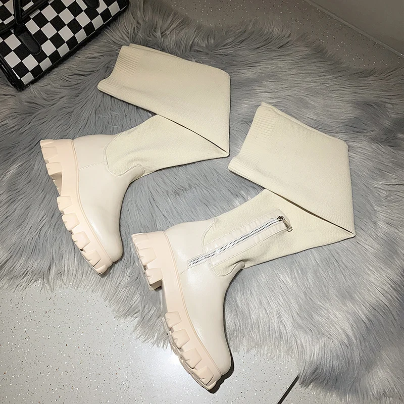 Women Thigh High Boots Stretch Sock Modern Zipper Winter Ladies Over-the-Knee Boots Long Platform PU Leather Breathable Shoes