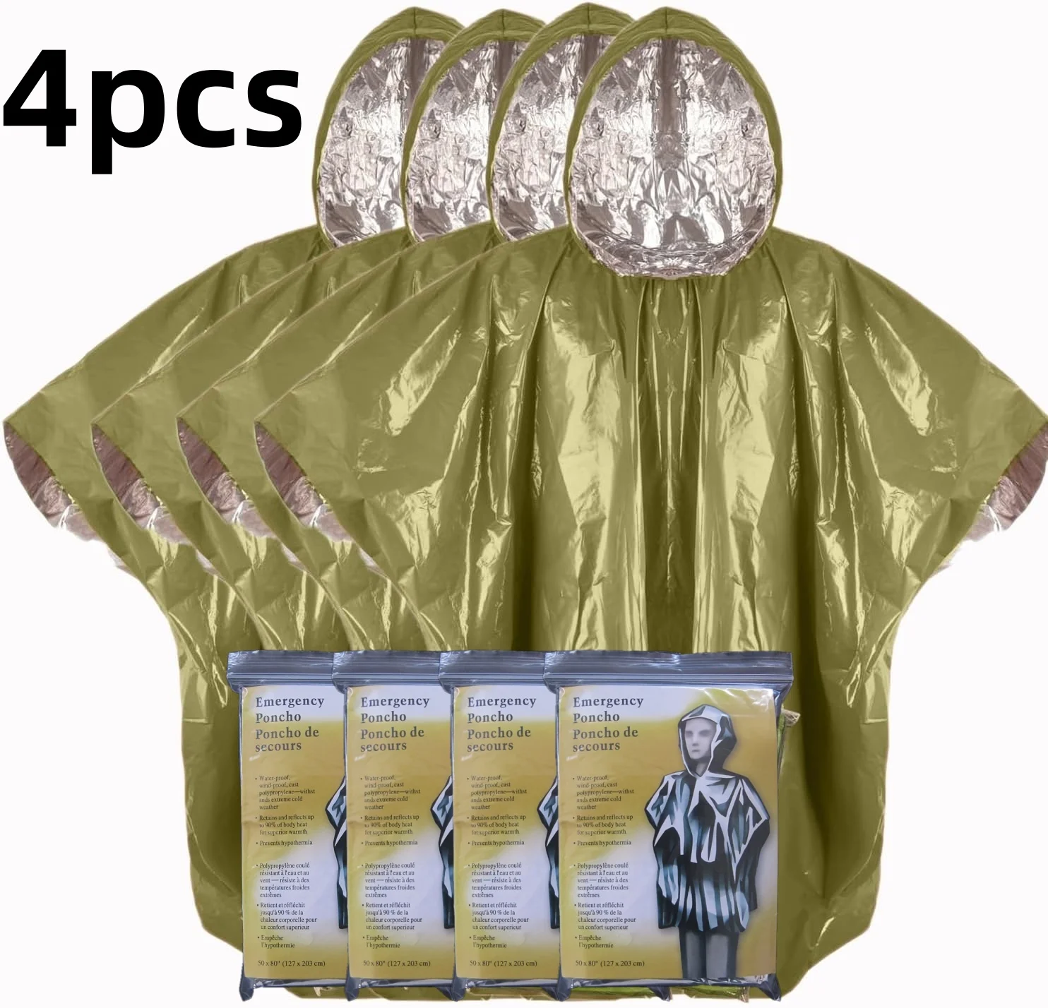 Orange Mylar Space Blanket Survival Poncho 4 Pack, Lightweight Portable Emergency Gear Locking 90% Body Heat for Outdoor Camping