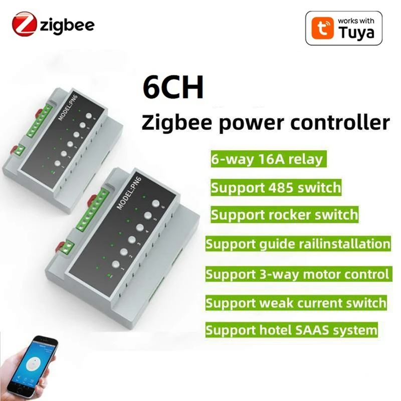 Tuya Smart Zigbee 6CH Relay Switch Module Remote Control Appliance Control Module Supports 3-Way Motor Control-DT30