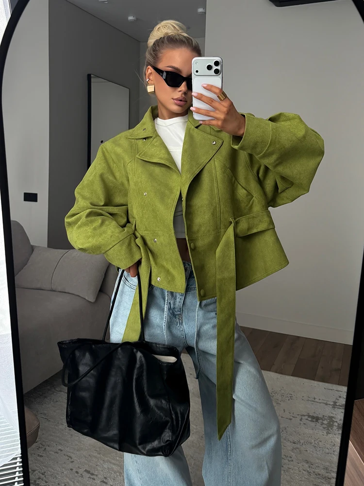 Chic Autumn Green Windbreaker Women Long Sleeve Stand Collar Lace Up Short Jackets Faux Suede Coats Street Fashion Outerwears