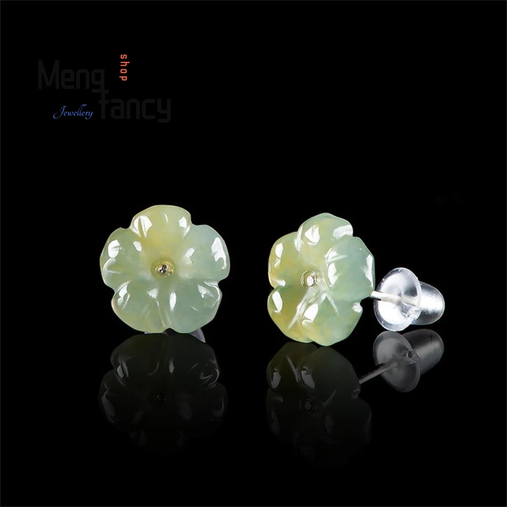 Natural A-goods Yellow Jadeite Peach Blossom Mandarin Ducks Earrings Ice Jade Petals S925 Silver Inlaid Retro Style Fine Jewelry