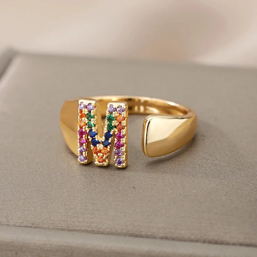 Multi Color Crystal Initial Letter Open Rings For Women Colorful Rhinestone Gold Plating Metal Finger Ring Fashion Jewelry Gift