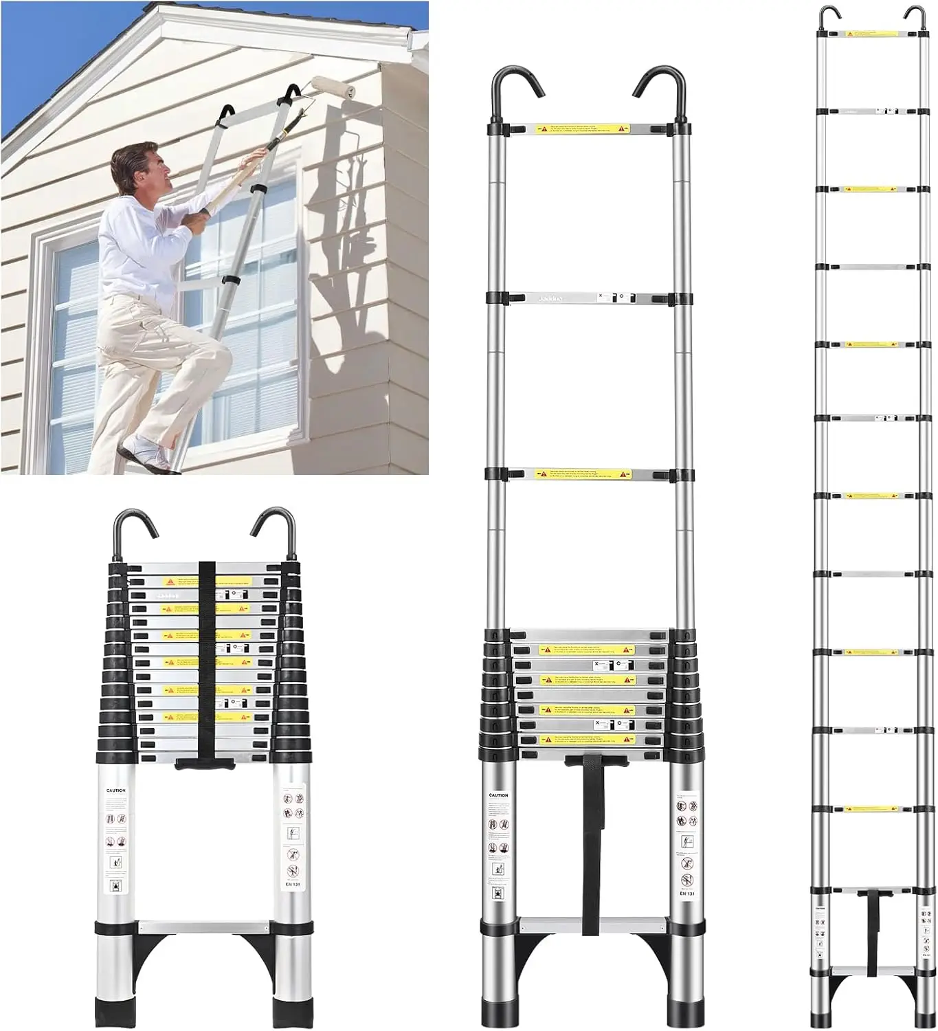 Telescopic Ladder, Aluminium Silver Telescoping Ladder with Non-Slip Feet and Stable Hook, Portable Extension Ladder for Househo