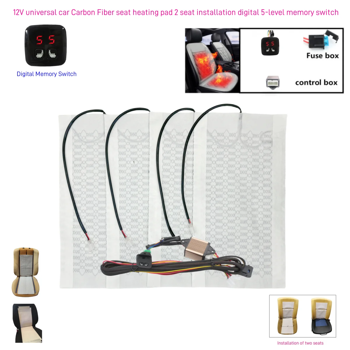 

Built-in 12V Car Seat Heater Fit 2 Seats Universal Carbon Fiber Seat Heating Pad Dual Control 5-level Digital Display Switch