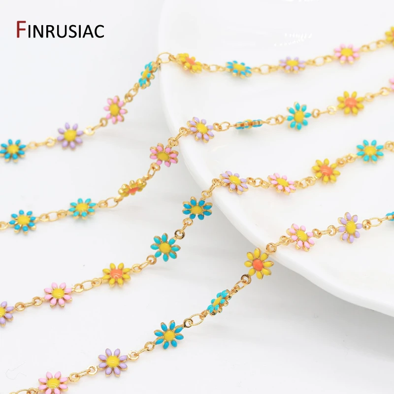 

14K Gold Plated Brass Enamel Flower Link Chains Bead Chain For Jewelry Making Accessories,DIY Necklace Bracelet Making Supplies