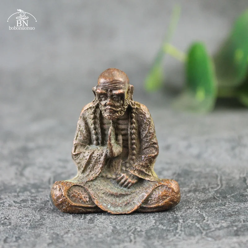 Antique Bronze Buddha Statue Dharma Copper Figurines Miniatures Buddhism Founder Vintage Solid Brass Ornament Craft Desk Decors