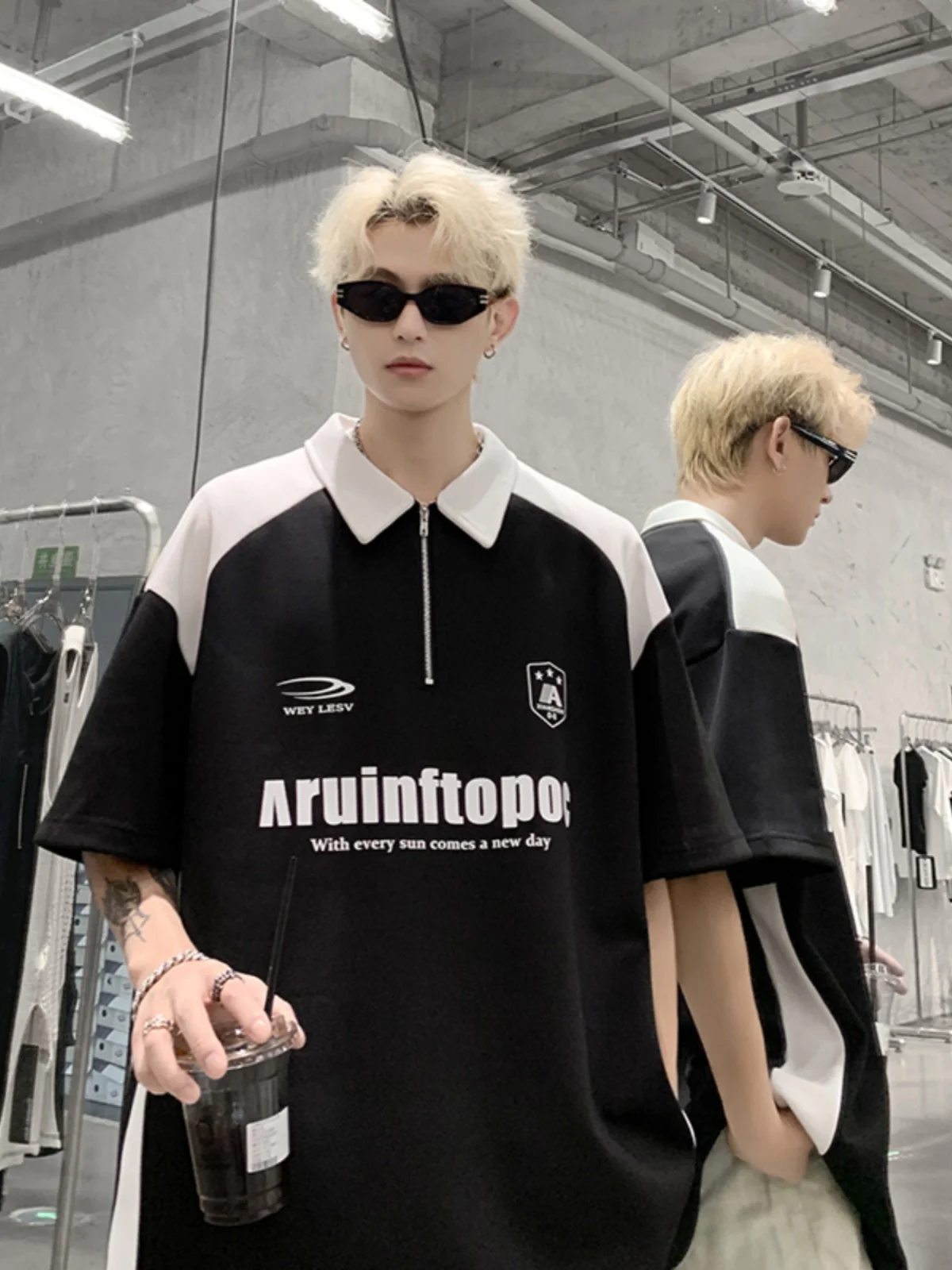 

f Zip irt ort Sve Men Summer American High Street Color Blo Design Trendy Motorcycle Turn Collar T irt