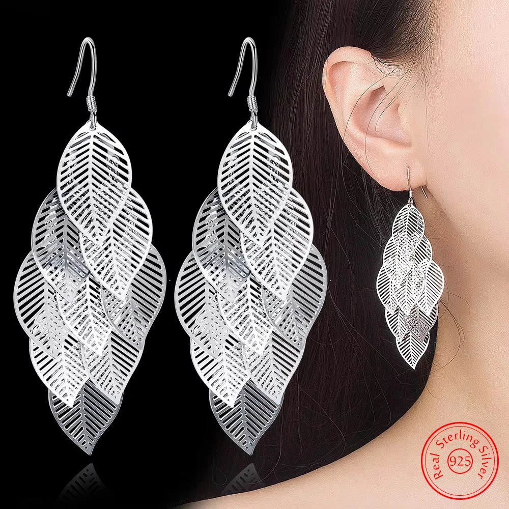 

Real 925 Sterling Silver New Jewelry Original Fashion Multy Layers Leaf Drop Earrings For Women FQL23521