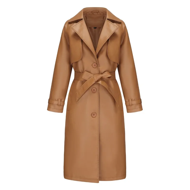 

2026 Spring and Autumn Women's Windbreaker Long Trench Coat Loose Jacket PU Leather Jacket OVERSIZE Lapel Belt Female Outwears