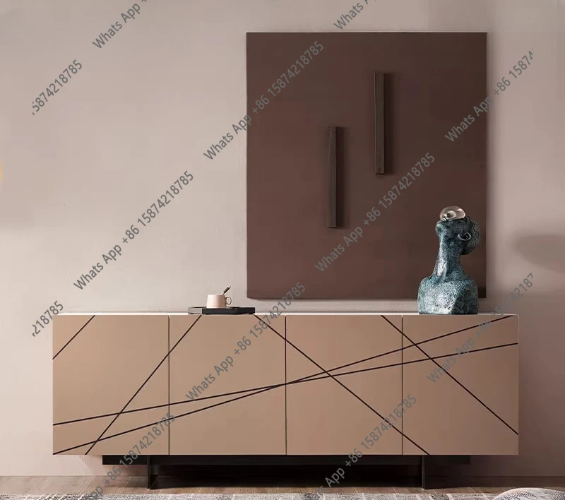 Italian minimalist saddle leather dining side cabinet modern light luxury marble solid wood cupboard restaurant storage cabinet