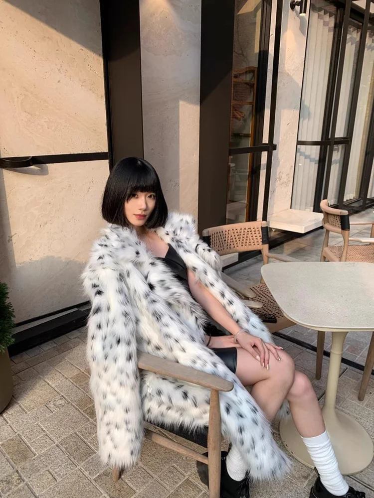 المرأة طويلة ليوبارد طباعة تقليد الثعلب معطف الفرو شتاء دافئ سميكة أفخم سترة للسيدات ملابس خارجية عصرية معطف الفرو فو
