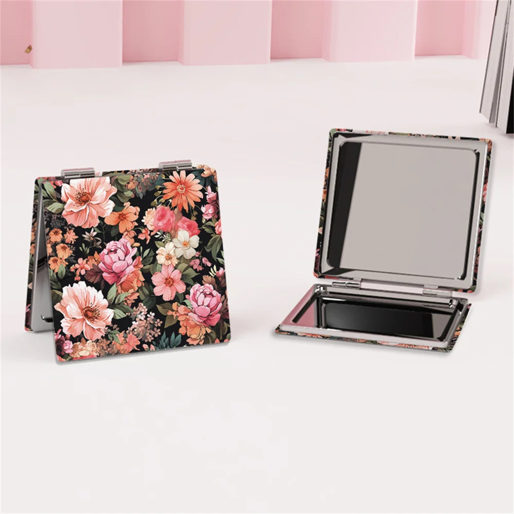 Espejo de maquillaje con estampado de flores, espejo cosmético plegable de cuero PU, Mini espejos portátiles de doble cara, herramientas de maquillaje de bolsillo para mujer