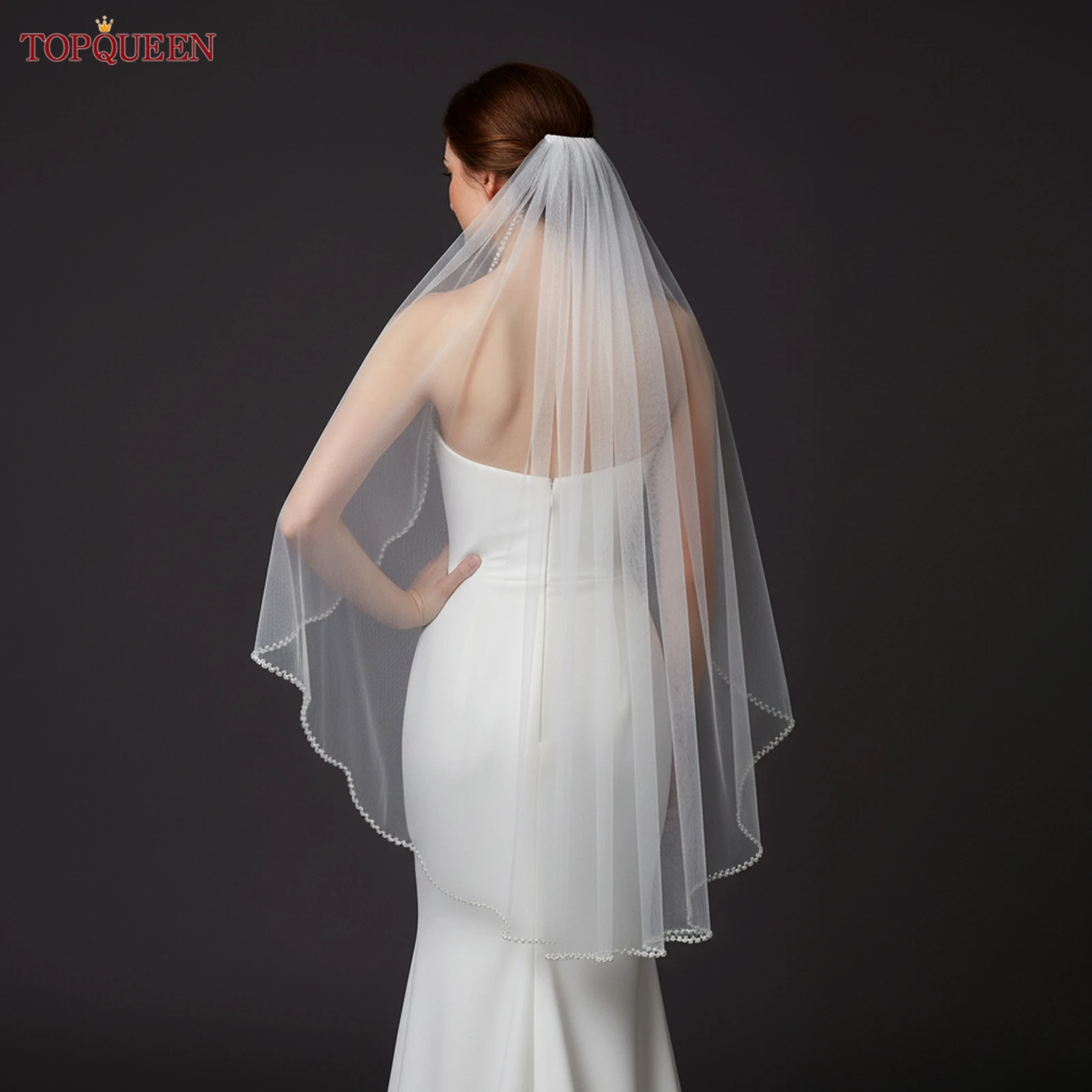 Topqueen v35 véu de noiva com pérolas, camada única, borda de contas, comprimento do cotovelo, elegância, véu de cabeça, doce, veu, alta qualidade