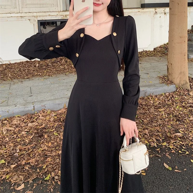 Dresses Women Defined Waist Chic Long Sleeve Button Design Solid Trendy Elegant French Style Autumn Mid-length Vestidos Simple