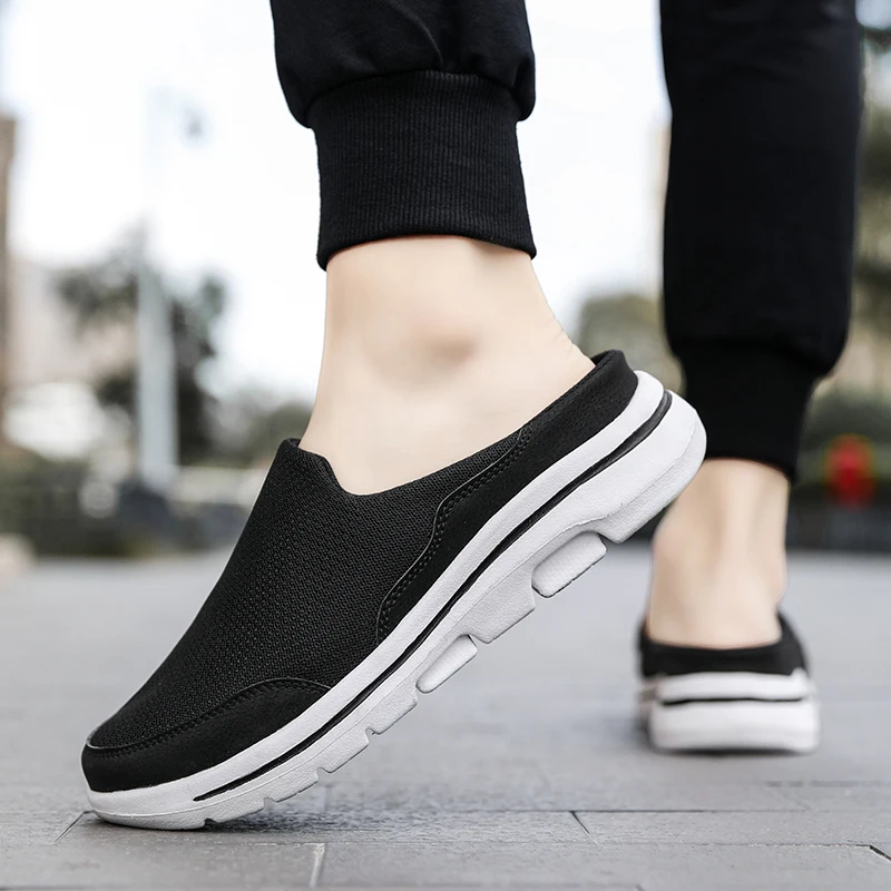 Letnia para Casual pół buty dla mężczyzn muły Mesh oddychające płaskie kapcie Slip on lekkie leniwe buty