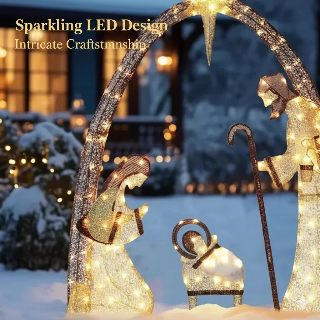 5.5FT عيد الميلاد مشهد المهد ديكور خارجي مع أضواء LED، مقاوم للماء مضاء عطلة العرض لساحة، الحديقة، الشرفة المنزل